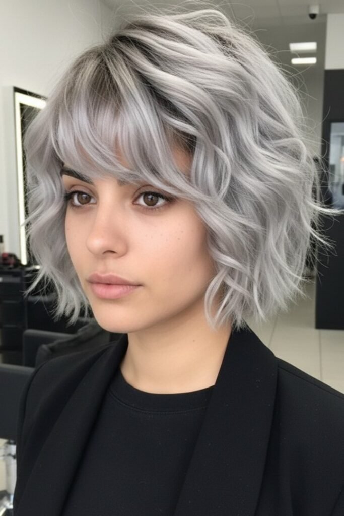 Textured Silver Bob with Bangs