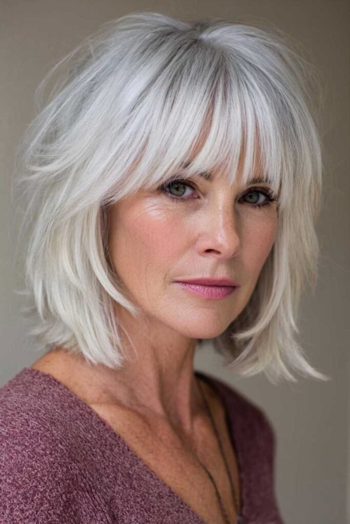 Textured Silver Bob with Full Bangs