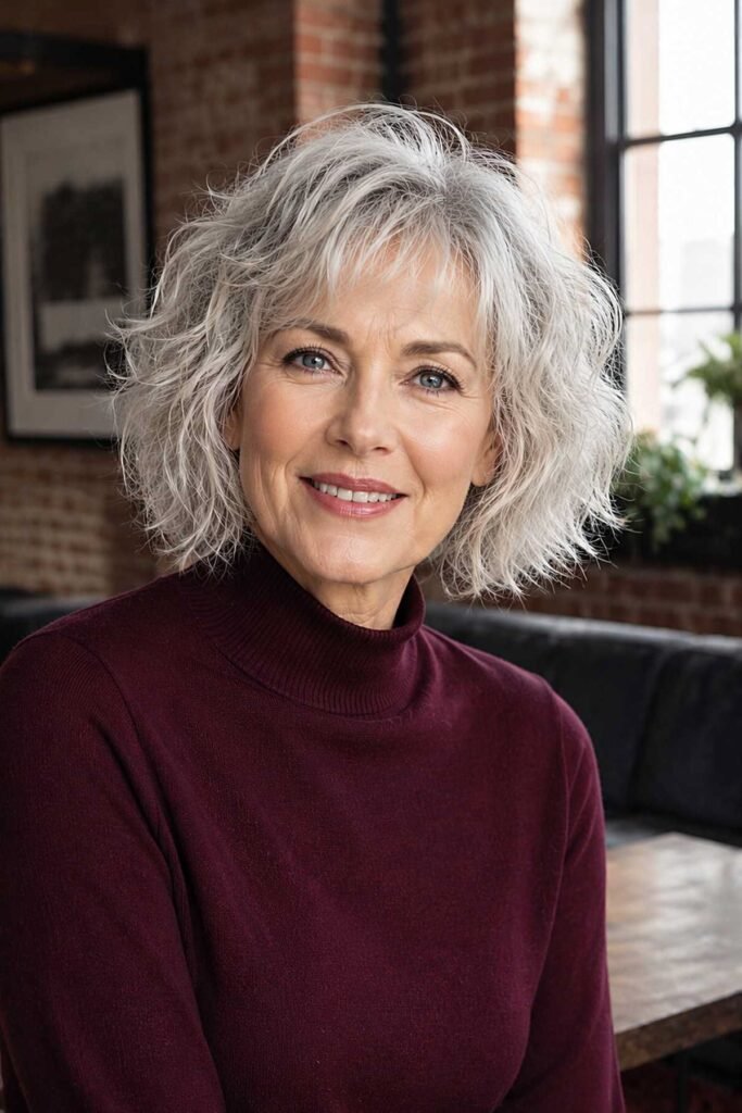 Textured Silver Bob with Side-Swept Bangs