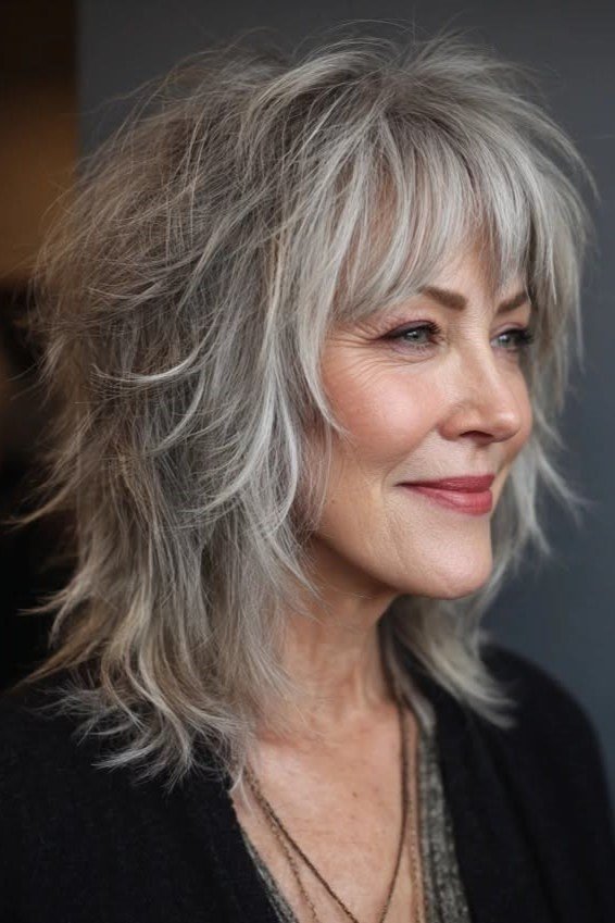 Textured Silver Choppy Shag Haircut with Piece-y Bangs and Layered Ends