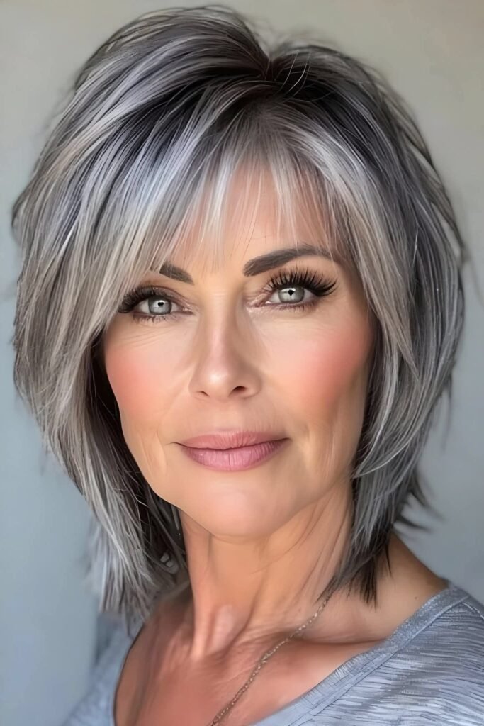 Textured Silver-Grey Bob with Layered Bangs