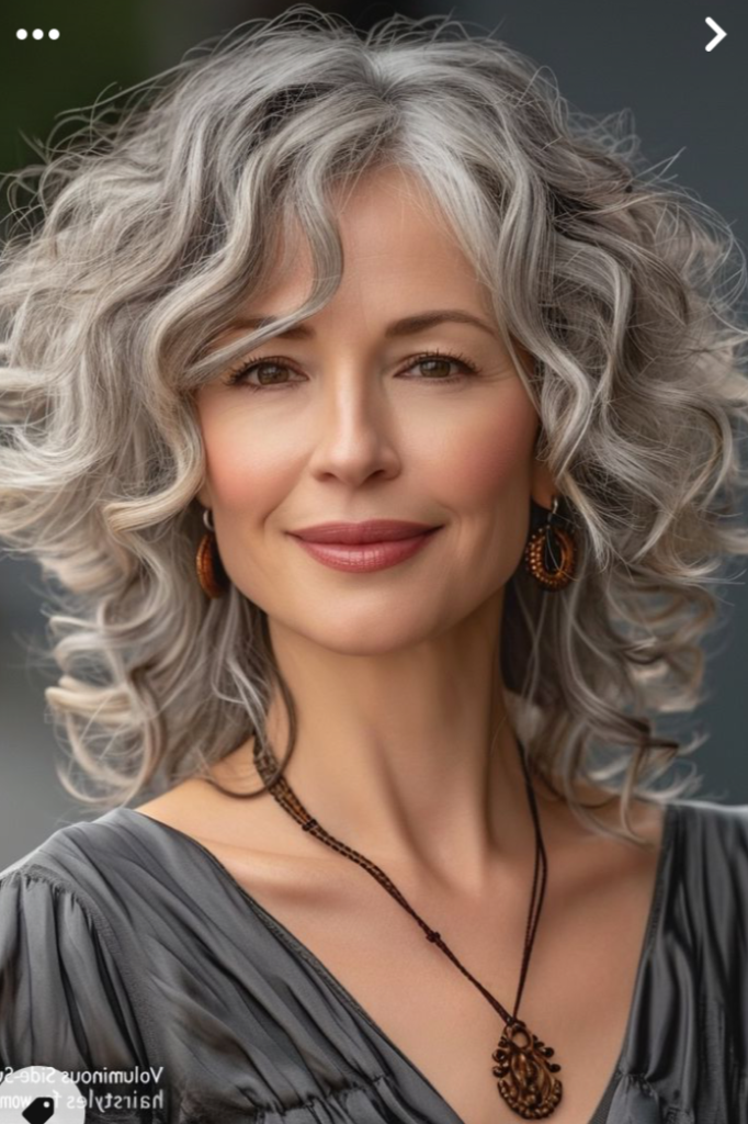 Textured Silver-Grey Curly Bob with Side-Swept Volume