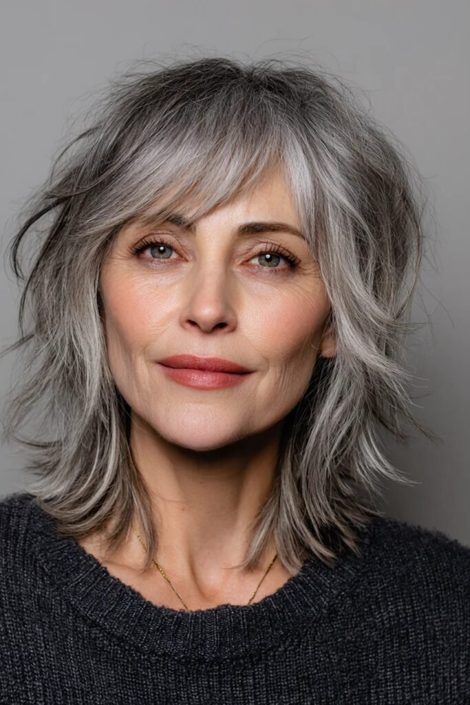 Textured Silver-Grey Shaggy Bob with Side-Swept Bangs