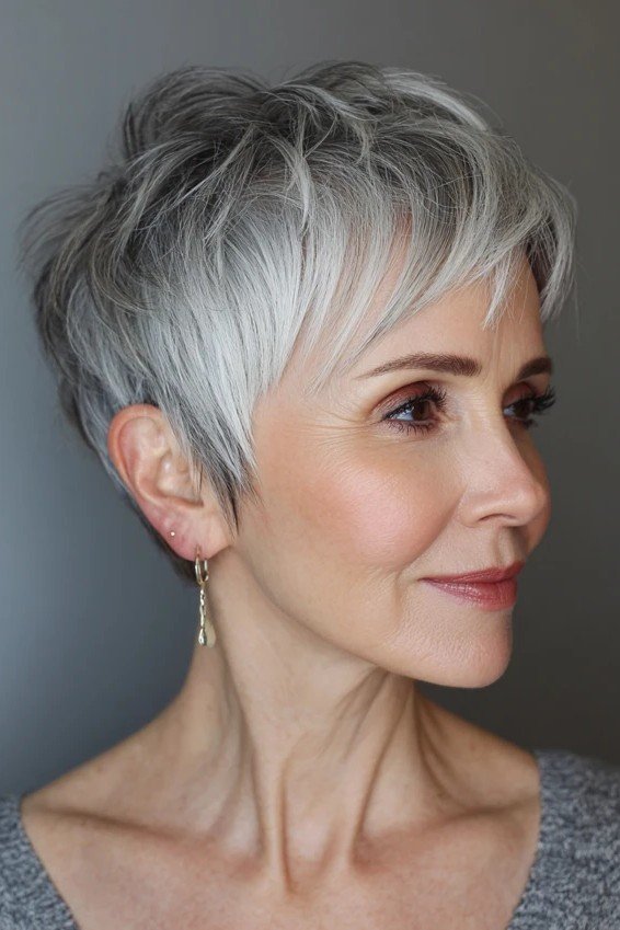 Textured Silver Pixie Cut with Side-Swept Bangs