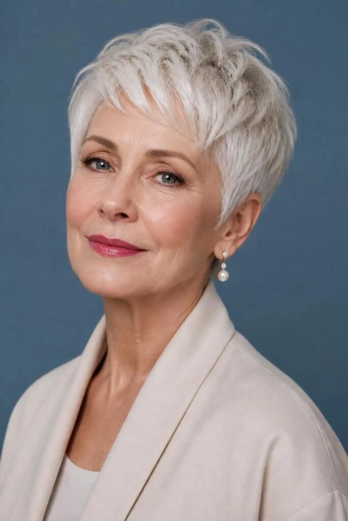 Textured Silver Pixie with Side-Swept Bangs