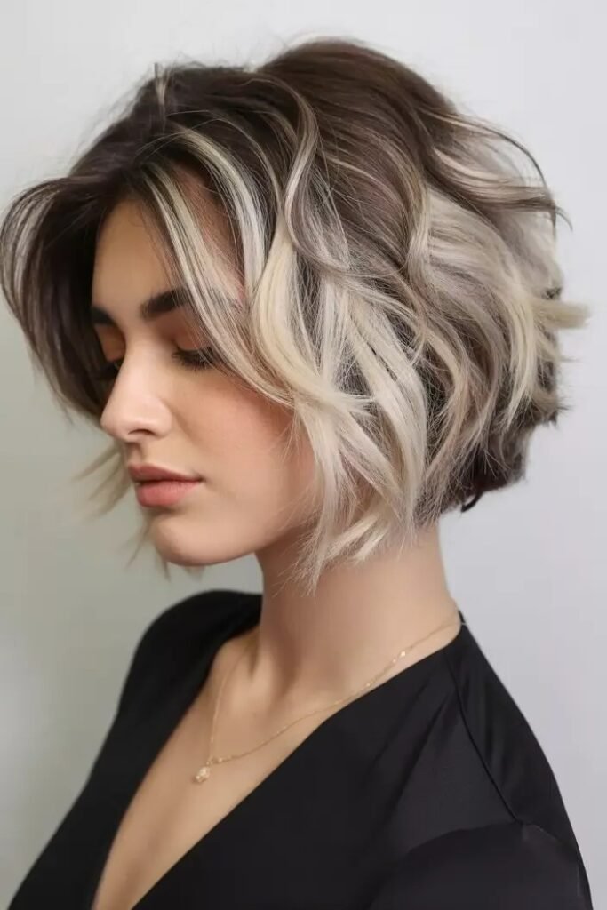 Textured Wavy Bob with Blonde Highlights