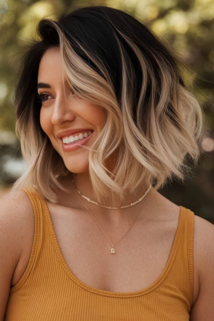 Textured Wavy Bob with Face-Framing Blonde Highlights