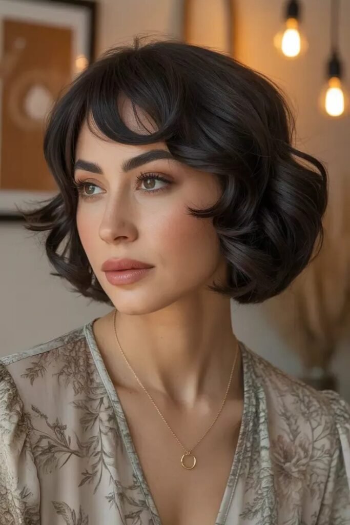 Textured Wavy Bob with Soft Curtain Bangs