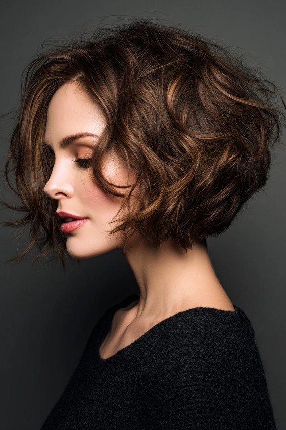 Textured Wavy Brunette Bob with Volume