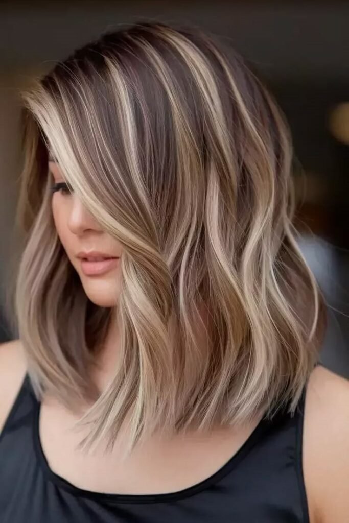 Textured Wavy Lob with Side-Swept Blonde Highlights