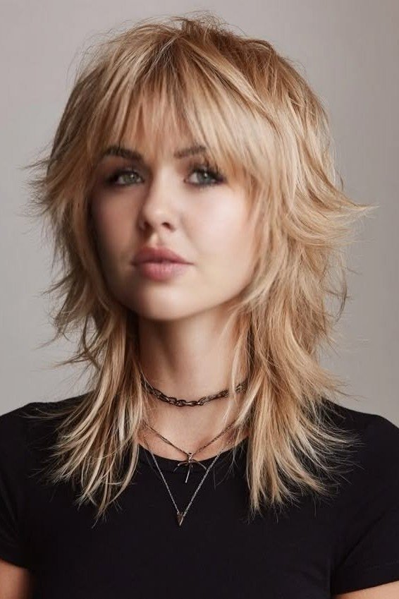 Textured Wolf Haircut with Blonde Layers and Bangs