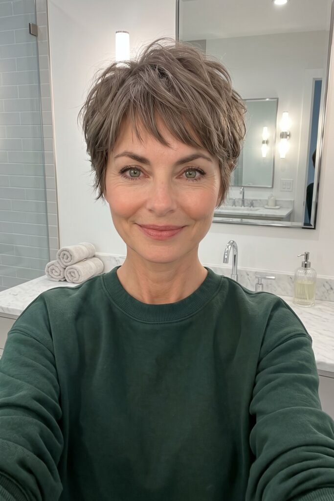 Tousled Ash Brown Pixie Cut with Short Fringe