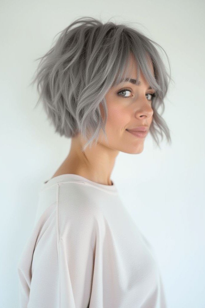 Tousled Ash Gray Wavy Bob with Bangs