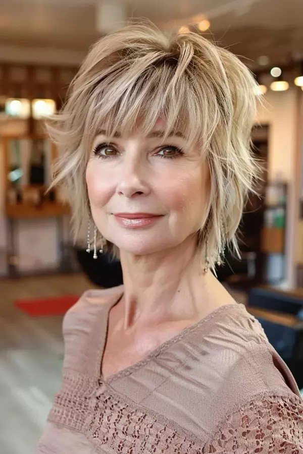 Tousled Blonde Bob with Piece-y Layers and Bangs