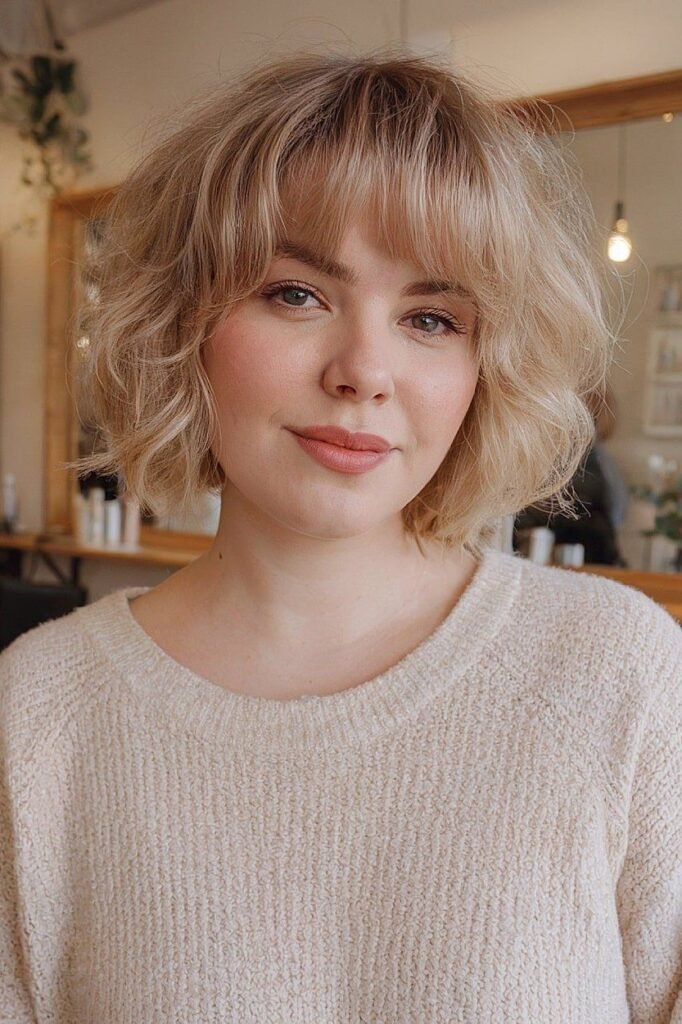 Tousled Blonde Bob with Textured Waves and Soft Bangs