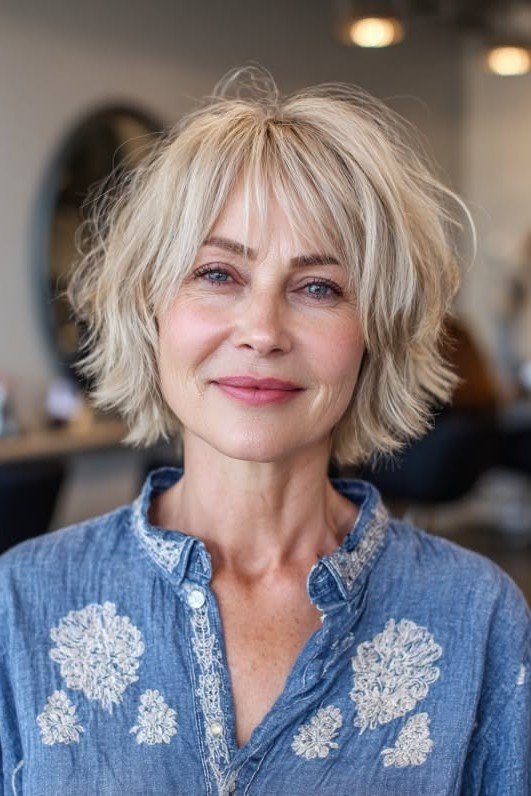 Tousled Blonde Bob with Wispy Bangs