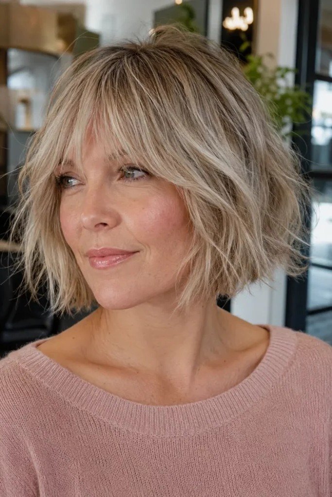 Tousled Blonde Bob with Wispy Curtain Bangs
