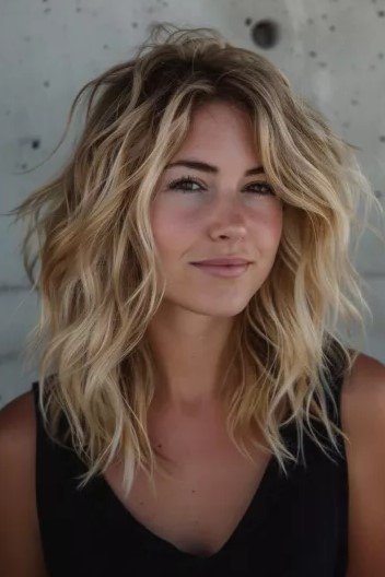 Tousled Blonde Shaggy Bob with Curtain Bangs