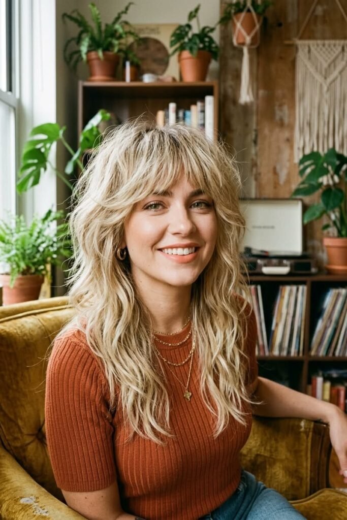 Tousled Blonde Shaggy Layered Haircut with Curtain Bangs