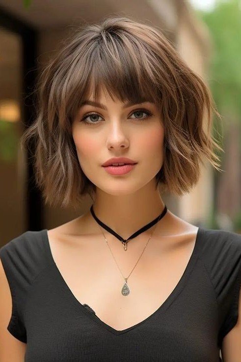 Tousled Brown Bob with Blunt Bangs