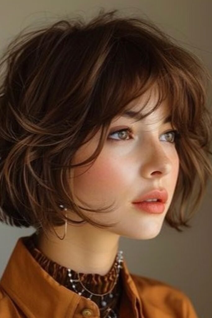 Tousled Brown Bob with Face-Framing Waves