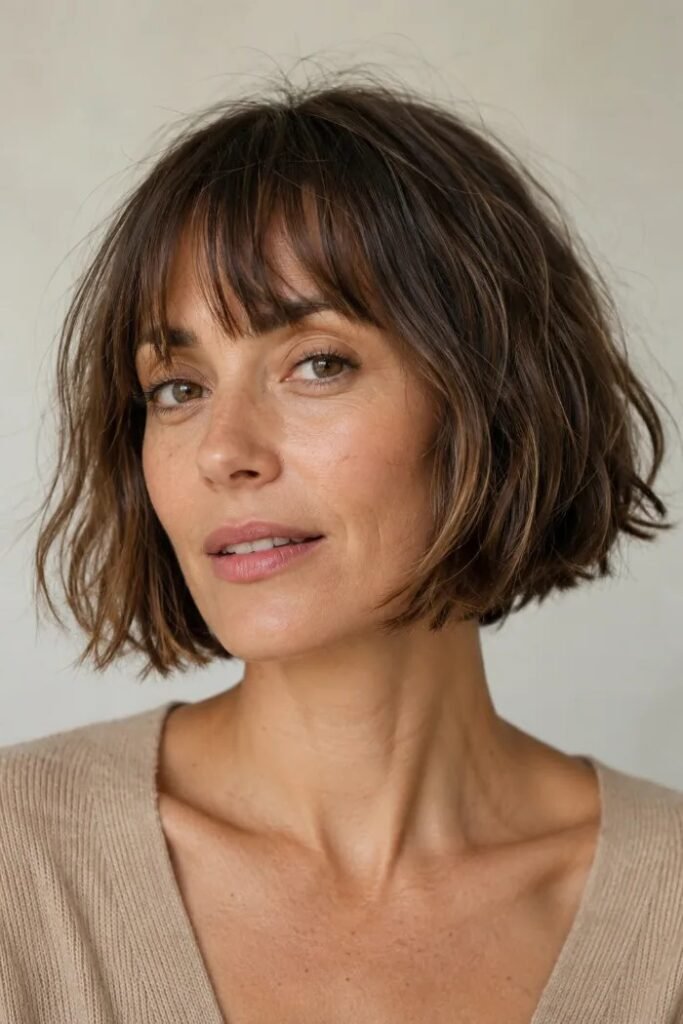 Tousled Brown Bob with Piece-y Full Bangs