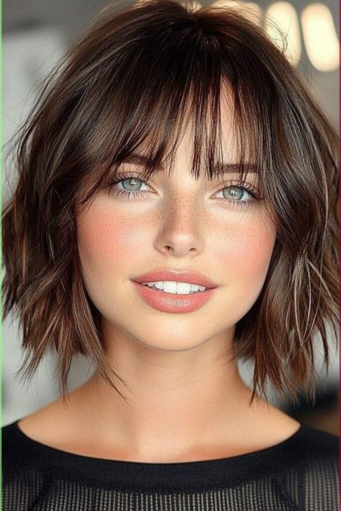 Tousled Brown Bob with Wispy Bangs