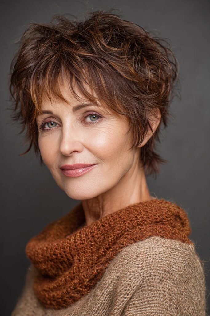 Tousled Brown Pixie Shag with Textured Layers