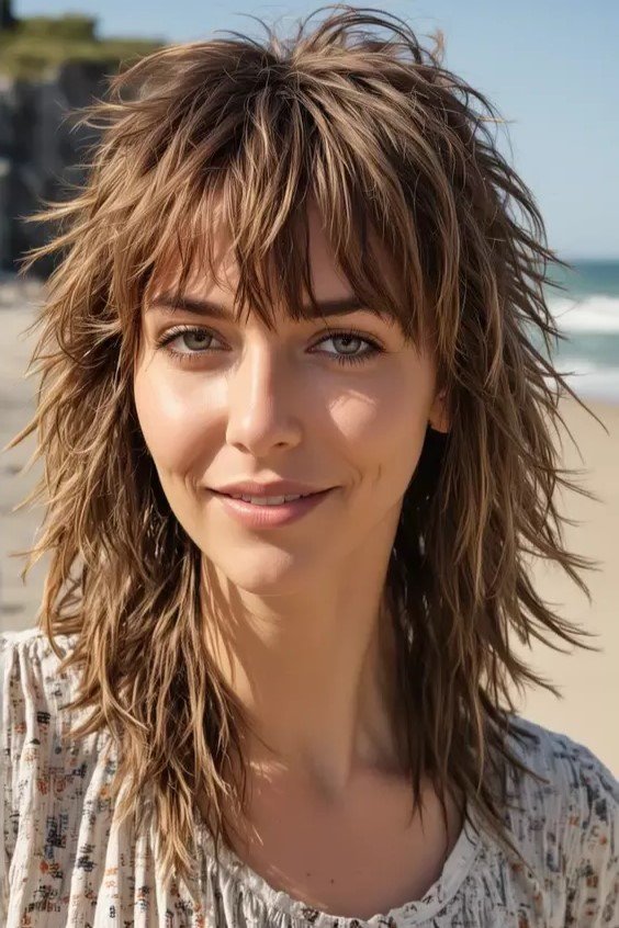 Tousled Brown Shag Haircut with Piece-y Layers and Bangs