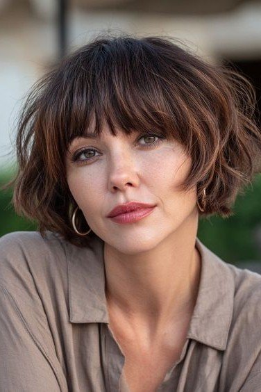 Tousled Brunette Bob with Soft Bangs