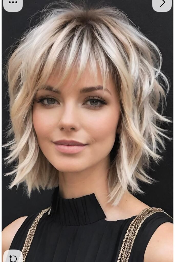 Tousled Choppy Shaggy Bob with Blonde Highlights and Straight Bangs