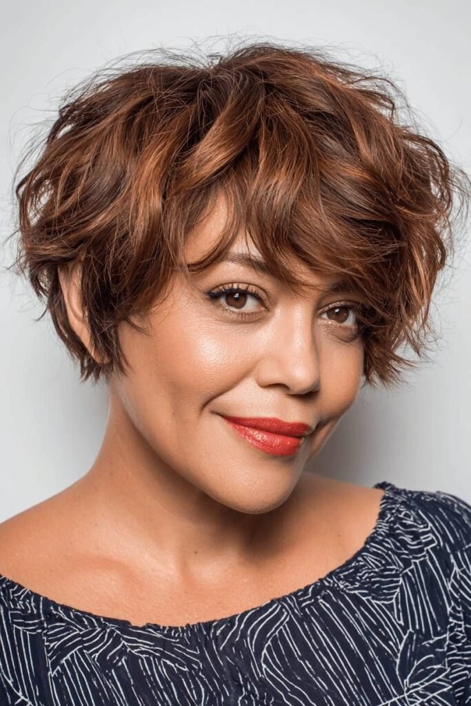 Tousled Copper Choppy Cut with Soft Fringe