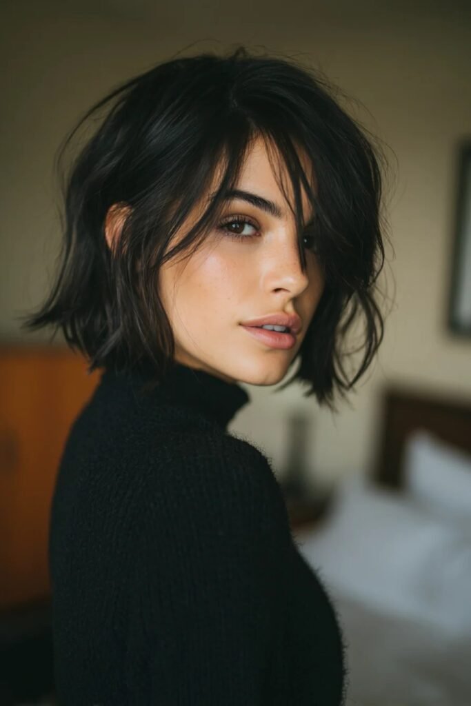 Tousled Dark Bob with Layered Bangs