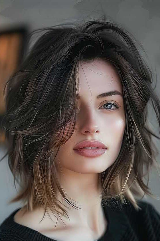 Tousled Dark Bob with Side-Swept Layers