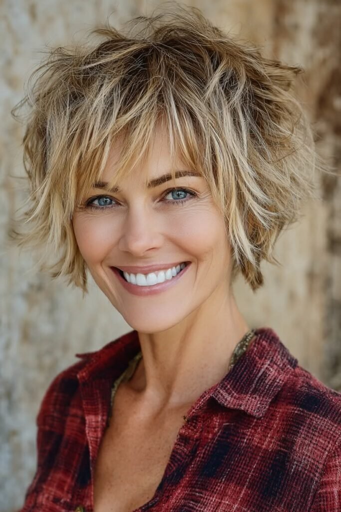 Tousled Golden Blonde Bob with Side-Swept Bangs