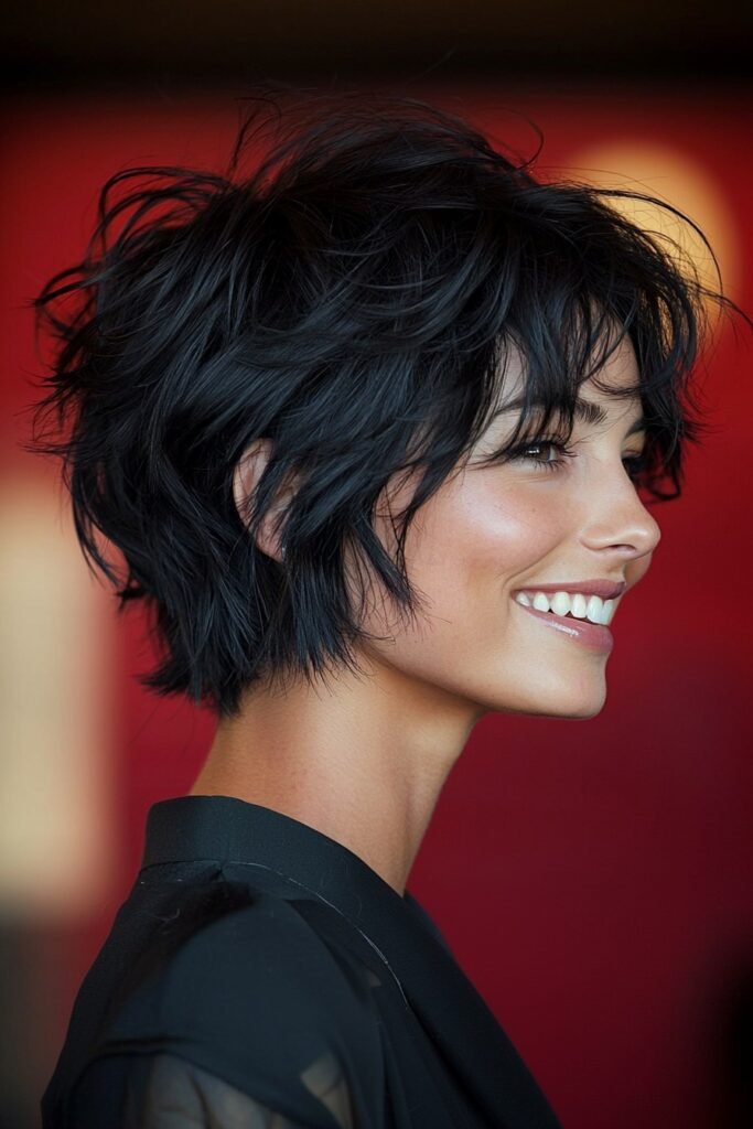 Tousled Jet-Black Textured Shag Bob with Side-Swept Bangs