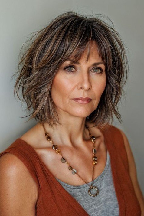 Tousled Layered Bob with Highlight Accents