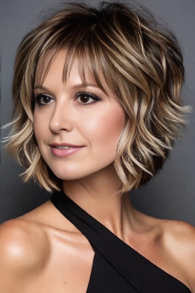 Tousled Layered Bob with Highlights and Fine Bangs
