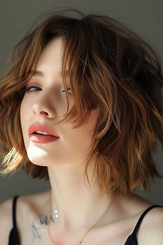 Tousled Layered Bob with Warm Copper Tones