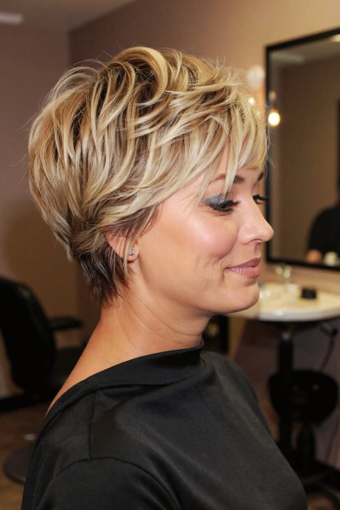 Tousled Layered Pixie Bob with Blonde Highlights
