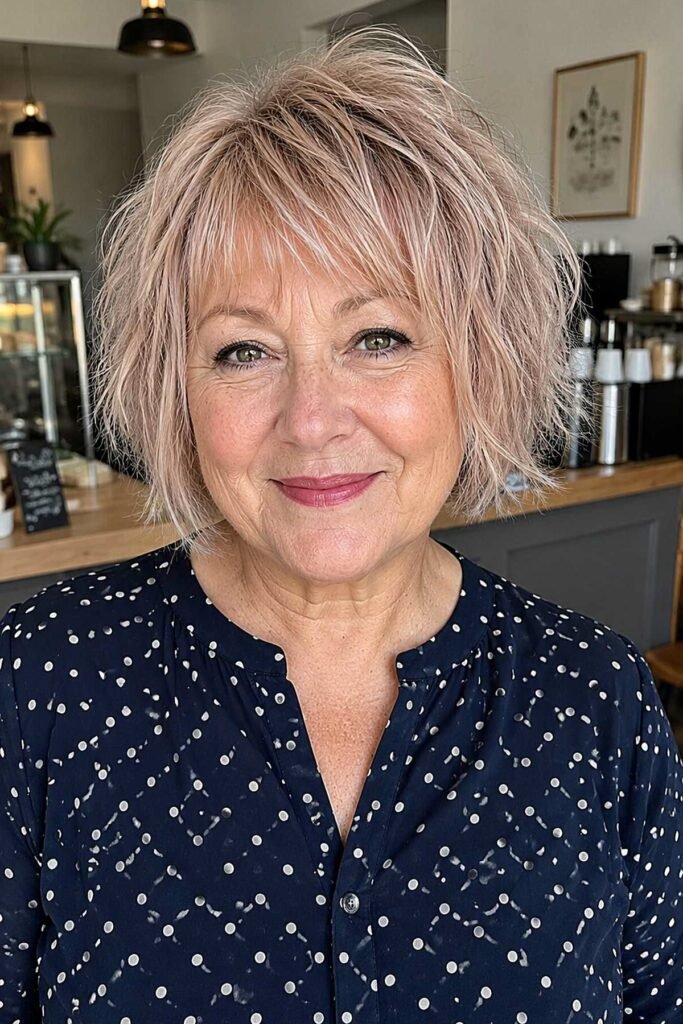 Tousled Pink-Toned Bob with Layered Bangs