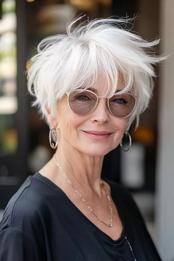 Tousled Pixie Cut with White Silver Layers