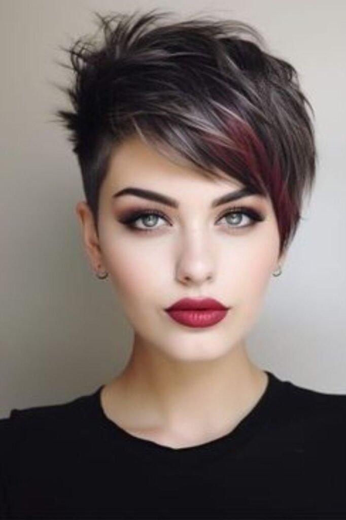 Tousled Pixie with Side-Swept Bangs and Burgundy Highlights