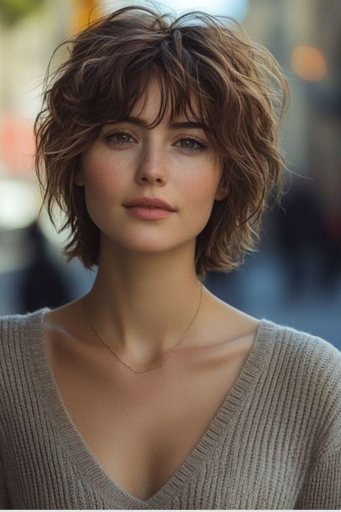 Tousled Shaggy Brown Bob with Full Fringe