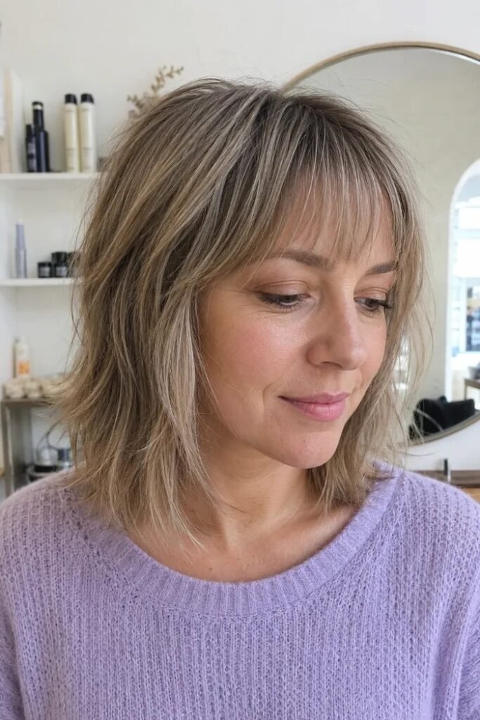 Tousled Shoulder-Length Choppy with Soft Fringe