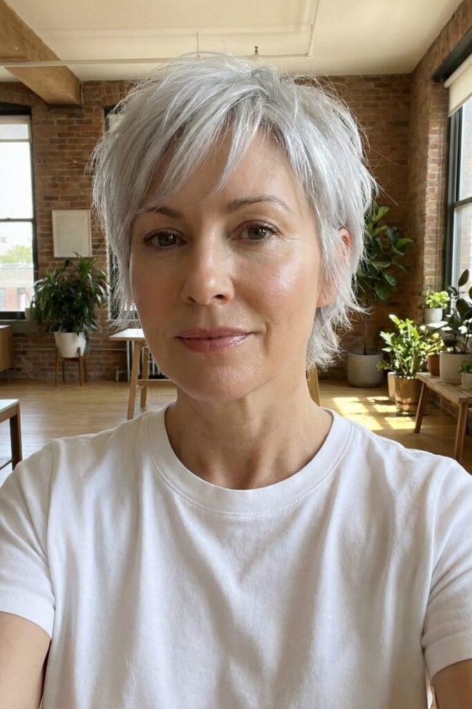 Tousled Silver Pixie with Delicate Face-Framing Strands