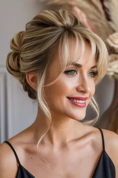 Updo with Soft Curtain Bangs and Face-Framing Tendrils