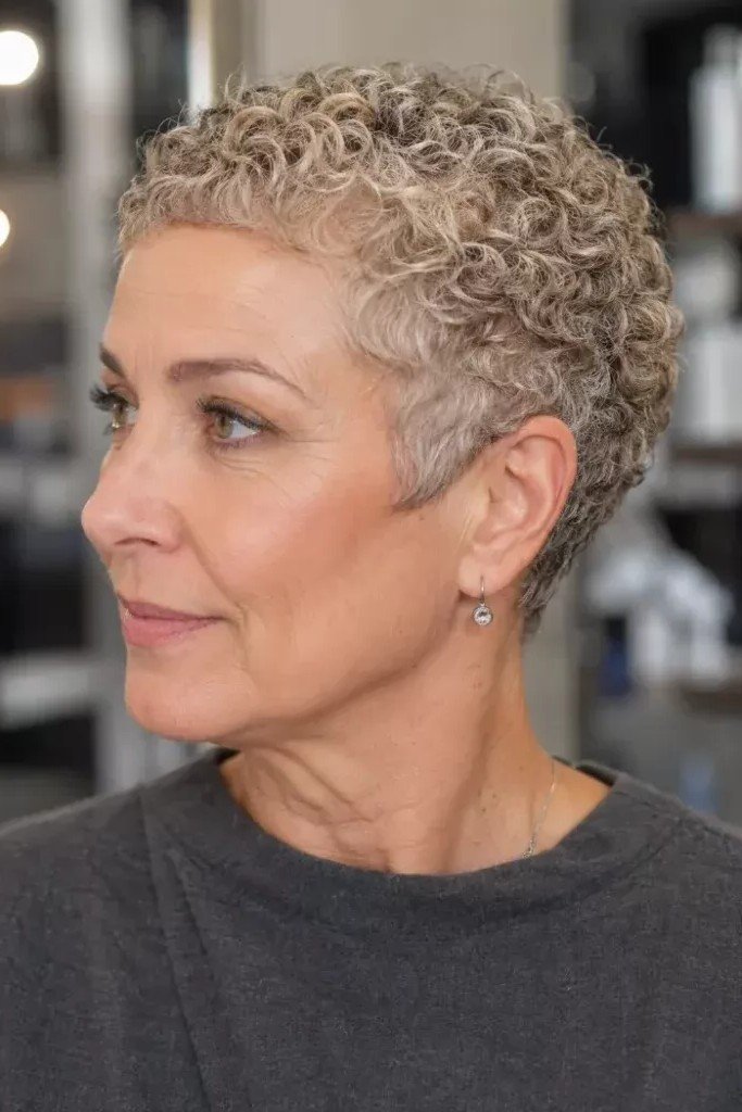 Very Short Curly Salt-and-Pepper Pixie Cut