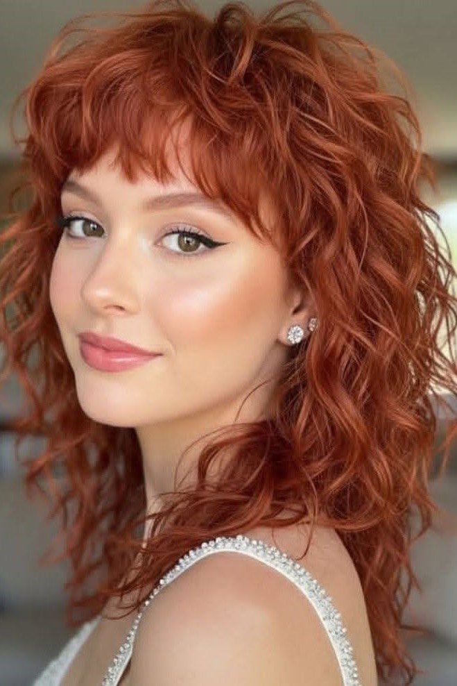 Vibrant Copper Red Shag Haircut with Voluminous Curls and Bangs