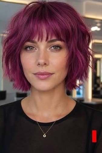 Vibrant Magenta Textured Bob with Bangs